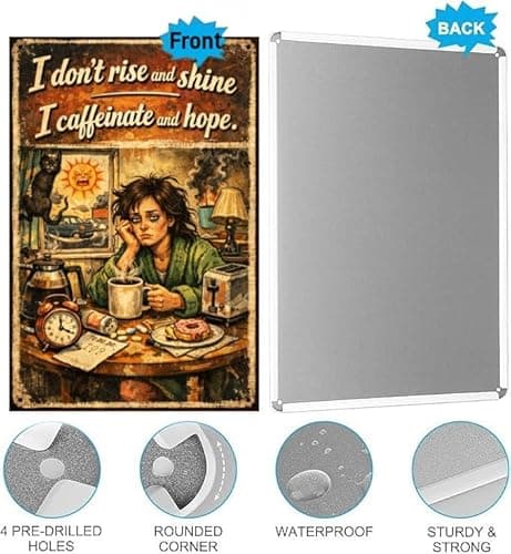 I Don’t Rise And Shine I Caffeinate And Hope Tin Sign Funny Morning Coffee Humor Vintage Metal Wall Decor Sarcastic Quote Rustic Plaque Kitchen Office Home Bar Gift 8x12 Inch - Thumbnail 6