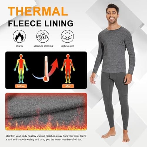 SIMIYA Mens Thermals Long Sleeve Undershirt Warm Fleece Lined Base Layer Thermal Tops Long John Shirts for Men BK+GR 3XL - Thumbnail 3