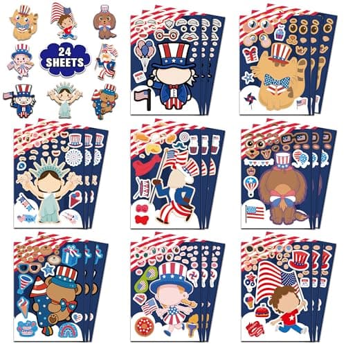 4th of July Outfits for Women - 24Pcs Patriotic Stickers, Make-a-face Stickers,Fourth of July Decorations Accessories Party Favors Supplies for Memorial Day Classroom DIY Crafts Party Decorations - Image 1