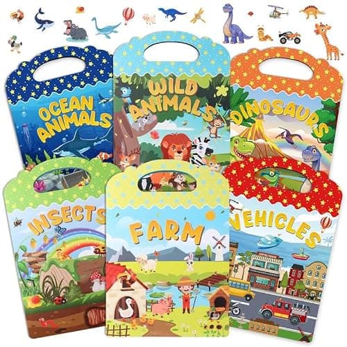 6Pcs Reusable Sticker Books, Sticker Books for Toddlers 2-4 Years, Vehicles Insects Animals Dinosaurs Stickers Scenes for Crafts Parties Travel Boys Girls Gifts - Image 1