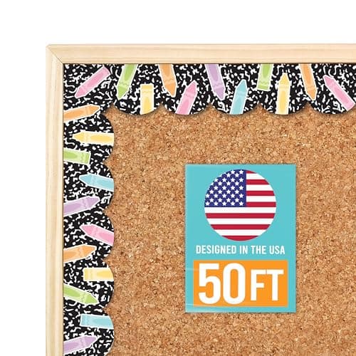 50ft Bulletin Board Borders Trim - Classroom Borders for Bulletin Board Decorations, Teacher Supplies for Classroom Decor Preschool, Kindergarten & Elementary, Crayon Scalloped Boarders