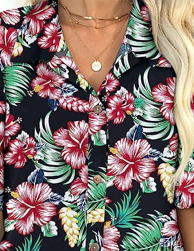 LILYCHIC Women's Floral Button Down Hawaiian Shirts Tropical Tops Summer Hawaii Beach Short Sleeve Blouses Black 3XL - Thumbnail 6