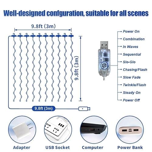 300LED Fairy Curtain Lights, 9.8x9.8Ft Warm White USB Plug in 8 Modes & Timer Christmas String Hanging Lights with Remote for Bedroom Indoor Outdoor Weddings Party Wall Decorations(rainbow) - Thumbnail 4