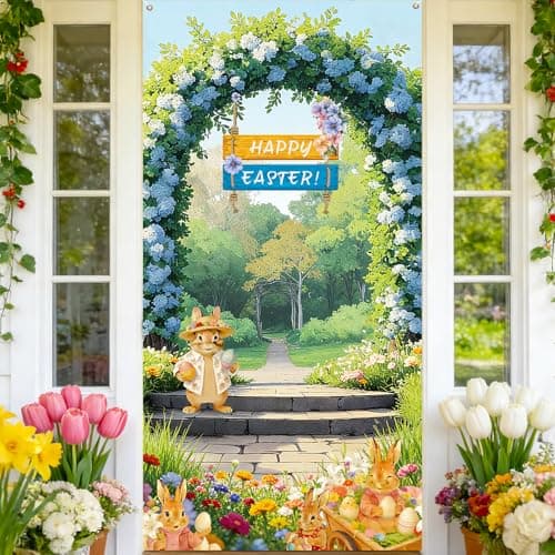 Lednica Happy Easter Door Decoration, Rustic Hydrangea Easter Door Cover with Bunny Eggs, Spring Floral Arch Garden Banner for Party Decor & Supplies, 71x35 Inch