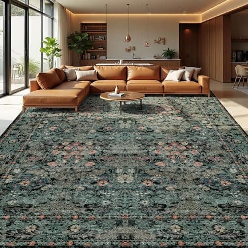 Farmhouse 9x12 Dark Green Floral Living Room Area Rugs, Large Washable Vintage Distressed Rug for Bedroom, Dining Room Under Table, Moody Low Pile Non-Slip Retro Carpet, Soft Boho Art Deco Mat - Thumbnail 6