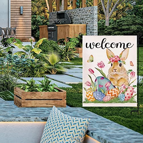 Easter Garden Flag, Welcome Bunny Garden Flag 12x18 Inch Double Sided, Spring Garden Flag for Outside, Burlap Yard Flag for Easter Outdoor Decorations - Thumbnail 4