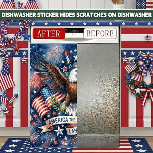 4th of July Decorations Patriotic Dishwasher Magnet Cover 23"x26" - Majestic Bald Eagle & American Flag Kitchen Decor - Land of The Free Fabric Magnetic Refrigerator Panel - Thumbnail 4