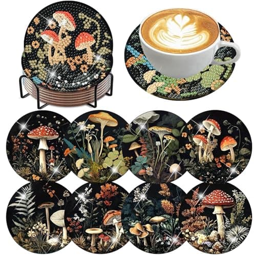 Ekuxom 8 Pcs Diamond Art Coasters Kit for Adults- Mushroom Forest Diamond Painting Coasters with Holder-DIY Crystal Full Drill Rhinestone for Crafts Gifts Adults Beginners - Image 1