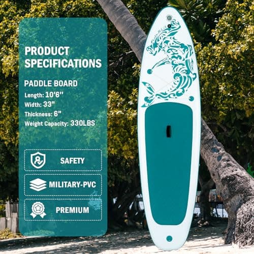 FEATH-R-LITE Inflatable Paddle Board Stand Up Paddleboards for Adults SUP with Premium Accessories Pump, Adjustable Paddle, Leash, Three Fins, Backpack (Green) - Thumbnail 2