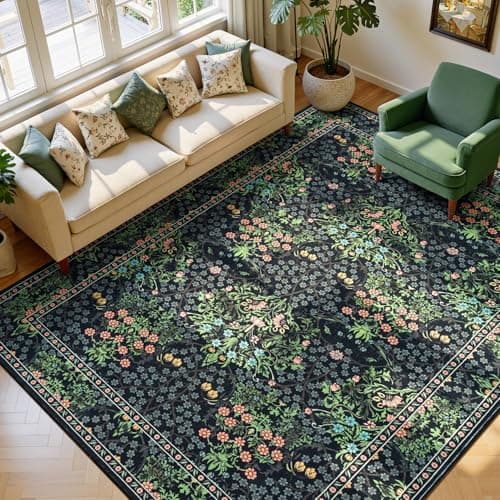 Lessymo Floral Black Green Washable Rugs 8x10, Living Room Area Rug Non Slip Boho Low Plie Large Carpet for Bedroom Dining Room Home Office, Vintage Flower Decor Distressed Retro Indoor - Image 1