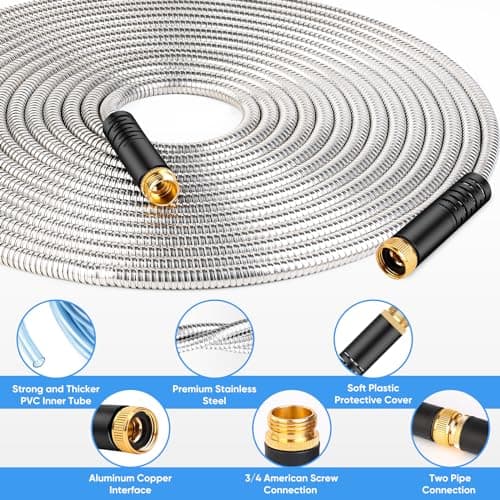 Garden Hose 50 FT, Metal Stainless Steel Water Hose with 10 Function Nozzles, No Kinks, Flexible Hose, Lightweight, Puncture Proof, Heavy Duty Hose for Yard and Outdoor - Thumbnail 3