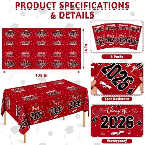 QZYL 4 Pack Graduation Table Cloth, 54" x 108" Red 2026 Graduation Table Decorations, Disposable Grad Party Decorations for College, Rectangle Plastic Tablecloth for Class of 2026 Congrats Grad - Thumbnail 2