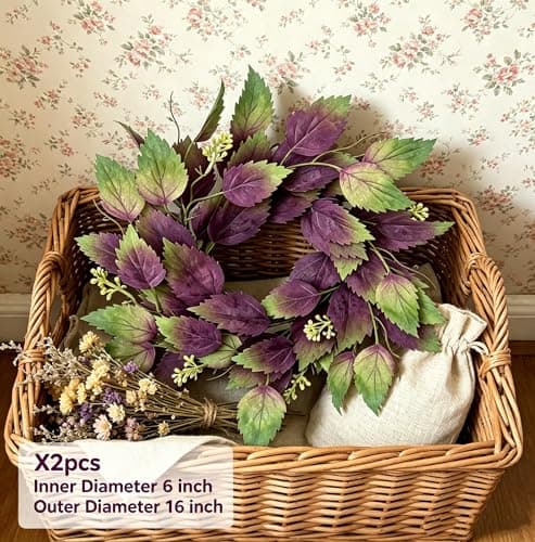 2 Pcs 16" Purple Hibiscus & Eucalyptus Leaf Wreath - Artificial Greenery Candle Ring Wreath for Front Door, Porch, Window, Farmhouse & Home Holiday Decor - All Season Wreath - Thumbnail 2