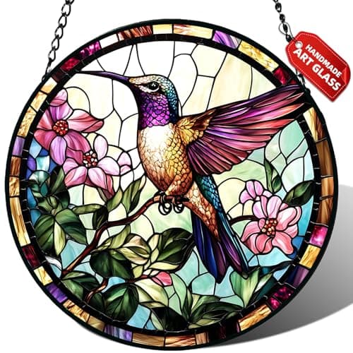 Stained Glass Window Hanging, Hummingbird Suncatcher for Door Home Decor, Birds Flowers Sun Catcher Ornament Mother's Day Birthday Gifts for Bird Lovers Women Men Mom 6.3 in - Image 1
