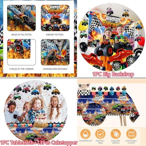 Truck Birthday Party Decorations Kit – 77Pcs Truck Theme Supplies with Reusable Backdrop, Hanging Swirls, Table Cover, Truck Foil Balloons, Cake Toppers & Latex Balloons for Truck Party, Room Decor - Thumbnail 6