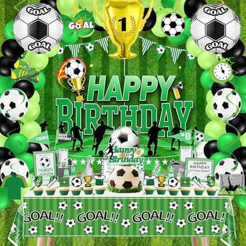 Soccer Birthday Party Decorations Kit – 82Pcs Theme Set with Backdrop, Hanging Swirls, Table Cover, Cake Toppers, Trophy & Soccer Foil Balloons, Latex Balloons for Soccer Party, Room Decor