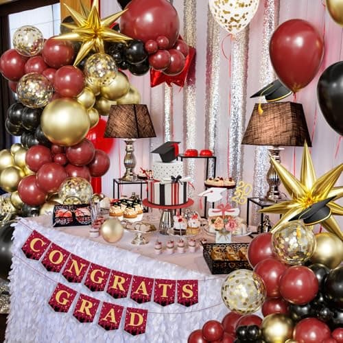 Burgundy Gold Balloon Arch Kit Graduation Decorations 2026, 130Pcs Burgundy Gold Black Balloons and Foil Star Balloon with Confetti Ribbons Grad Party Decorations for College High School Class of 2026 - Thumbnail 6