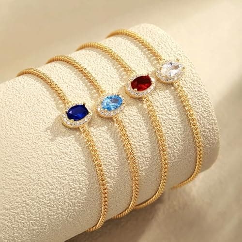 IZZBAT 14K Gold Halo Oval Birthstone Bracelets for Women Yellow Gold Cuban Chain Bracelets for Her Birthday Gifts for Mom Girlfriend - December Birthstone - Thumbnail 3