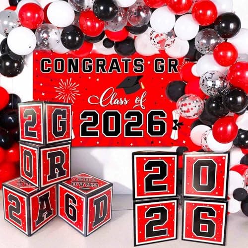 Graduation Decorations 2026 Black Red and White Balloon Boxes, Class of 2026 GRAD Letters, Balloon Garland Kit, Congrats Grad Banner Photo Backdrop for High School & College - Image 1
