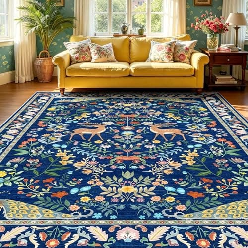5x7 Blue Rugs for Living Room, Stain Resistant Non Slip Area Rug for Dining Room, Bedroom Floral Décor Indoor Carpet, Low Pile & Soft - Image 1