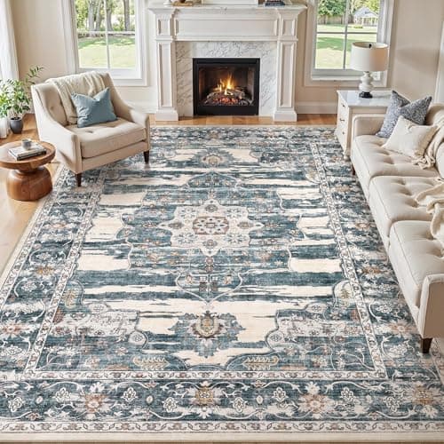 Jessibou Washable 8x10 Area Rug for Living Room & Dining Room - Large Vintage Farmhouse Soft Carpet with Non-Slip Backing, Stain Resistant Low-Pile Indoor Rug for Home Office, Kid & Pet Friendly- Blue