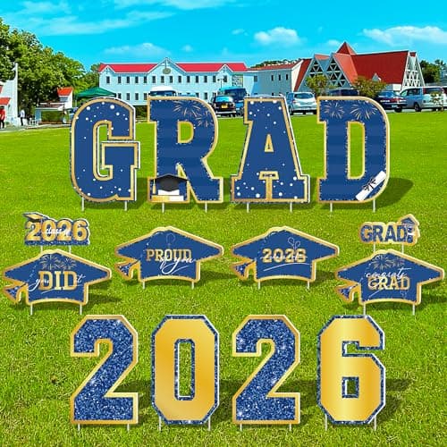 Graduation Yard Signs, 14 PCS Blue Gold Congrats Grad Lawn Stakes, Class of 2026 Yard Signs with Stakes, Graduation Party Decorations Outdoor, Waterproof GRAD Yard Decor for College High School - Thumbnail 6