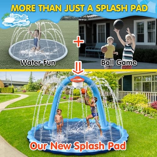Instraella Splash Pad for Kids and Dog, 110" 2-in-1 Large Sprinkler Mat with Basketball Hoop and Arch for Kids Outdoor Play, Shoot Game for Backyard, Inflatable Water Toys More Fun for Boys and Girls - Thumbnail 2