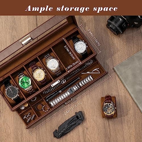 ProCase Watch Box, Fathers Day Gift for Dad, 6 Slot Watches Display Case with Drawer, Mens Watch Case with Glass Lid, 2-Layer Mens Jewelry Organizer Storage Holder -6 Slot, Espresso - Thumbnail 3