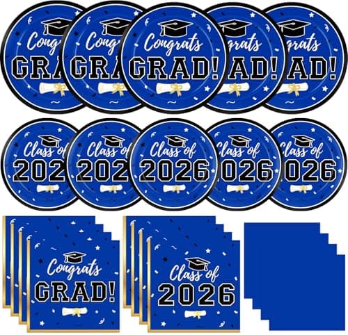 Labrostar Graduation Party Plates and Napkins 2026 Graduation Party Supplies Blue Disposable Paper Plates Luncheon Napkins Cocktail Napkins for Graduation Party Decorations Serve 50
