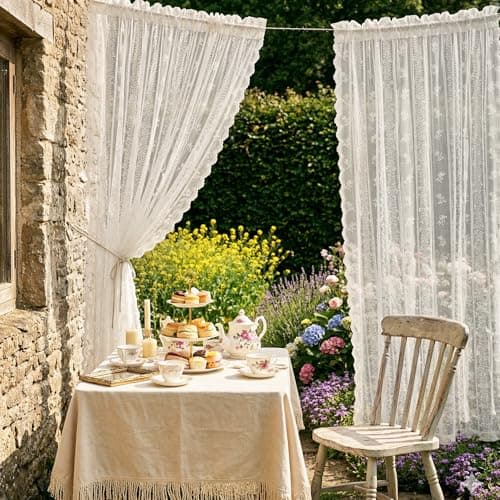NICETOWN Outdoor Lace Curtains for Patio Waterproof, White Sheer Drapes for Porch Pergola, Gazebo Chic Decor with Lily of the Valley Striped Wave Edge, Rod Pocket Top, 2 Panels, W54 x L96 in - Thumbnail 2