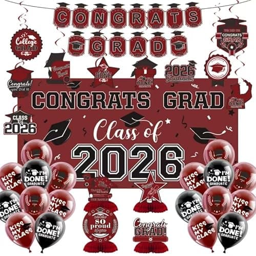 2026 Graduation Decorations Set- Class of 2026 Grad Party Decorations, Congrats Grad Banner, Backdrop, Grad Hanging Swirl, Balloons and Honeycomb Table Toppers, Graduation Party Supplies(Maroon)