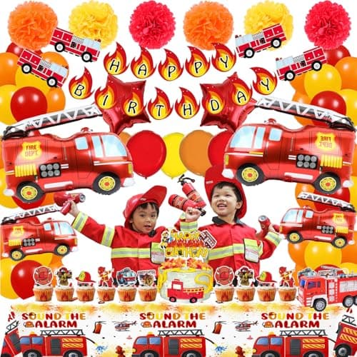 Fire Truck Birthday Party Decorations Kit – Fire Truck Balloons, Firefighter Theme Supplies with Banner , Table Cover, Cake Toppers, Tattoo Stickers for Kids & Boys - Thumbnail 4