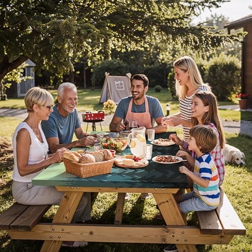 memKiya Fitted Waterproof Picnic Table Cover with Bench Covers Elastic Edges Camping Tablecloth for 6 Foot Rectangle Tables Camp Cooking Motorhome Hiking Equipment Car Rv Travel Trailer Needs Gifts - Thumbnail 6