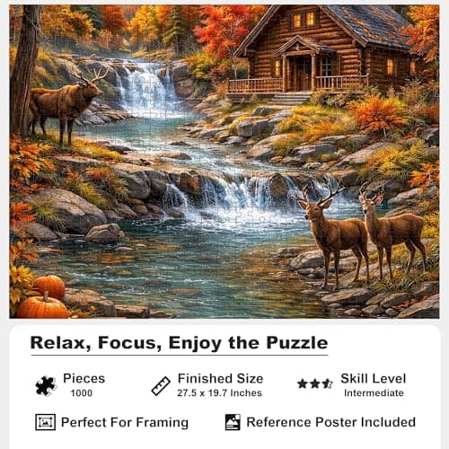 Teemosreal Puzzles for Adults 1000 Pieces, Autumn Mountain Cabin Jigsaw Puzzle, Scenic Fall Forest Waterfall & Deer Colorful Nature Landscape Puzzle with Poster, Challenging Puzzles for Game Night - Thumbnail 2