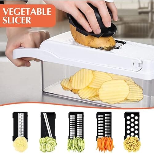 LSLCQW Vegetable Chopper: 10 in 1 Food Chopper - Onion Vegetable Slicer Cutter Dicer, Veggie Cutter with Container, 7 Blades, Kitchen Gadgets for Carrot Salad Garlic Potato Slicer (Black/White) - Thumbnail 5