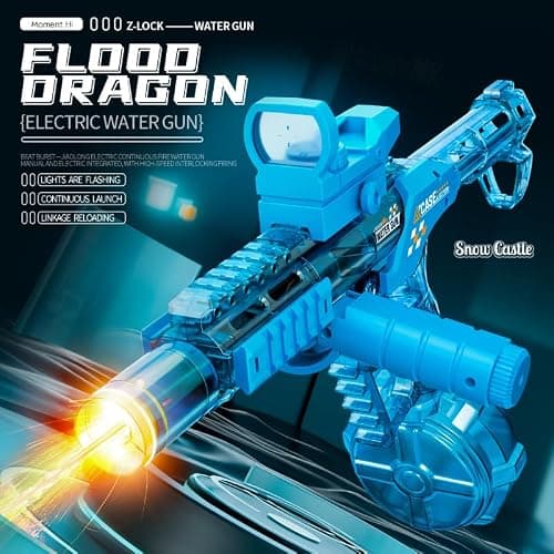 QAONIE Electric Water Blaster with Light Effects - Full Auto Continuous Action, Transparent Design, Water Blaster Pistol Toy for Summer Swimming Pool Beach Outdoor Activity. (Blue) - Thumbnail 2