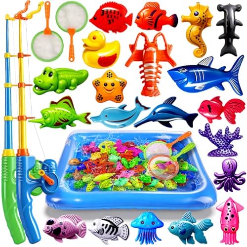 CozyBomB™ Magnetic Fishing Toys Game Set for Kids | Water Table Bathtub Kiddie Pool Party Pole Rod Net, Outdoor Plastic Floating Fish, Toddler Bath Color Ocean Sea Animals Birthday Gift Age 3-5 6 4-8