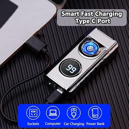 BABOBIU Electric Lighters Rechargeable Arc Lighter Windproof Plasma Lighters with LED Light Power Display Unique Lighters for Men for Candles Camping Fireplace Outdoor Gifts (Silver) - Thumbnail 5