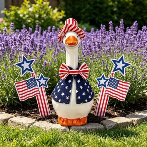 RAISLY 7 Inch Desk Goose with Patriotic Outfits，4th of July Decoration Ceramic Mini Porch Goose with Top Hat & Stars Outfit, Ideal for Tabletop Home Office Indoor Outdoor Decor - Thumbnail 2