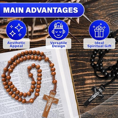 2Pcs Small Wood Rosary Necklace – Wooden Cross Necklaces for Men and Women with Tan or Black Beads, 22" Length and 6" Drop – Lightweight Cross Accessory for Daily Wear, Layering, Prayer or Gifting - Thumbnail 4