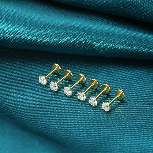 COTATI 20G Flat Back Earrings Stud Threadless Tragus Cartilage Lip Medusa Piercing Jewelry Hypoallergenic (Gold,20G 4/4/4mm CZ) - Thumbnail 6