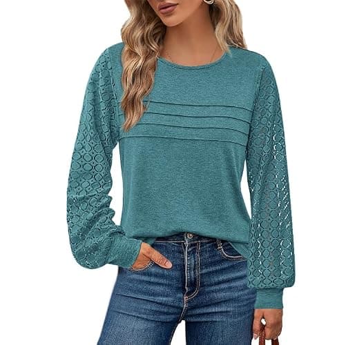BTFBM Women's Long Sleeve Shirts Dressy Lace Fall Tops 2026 Trendy Business Casual T-Shirts Cute Work Outfits Blouses(Lake Blue, Medium) - Image 1
