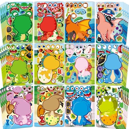 Dinosaur Stickers 48 Sheets Make A Face Stickers for Kids Toddlers Party Favors Birthday Decorations Crafts Goodie Bags Stuffers Activities Gifts for Classroom Supplies