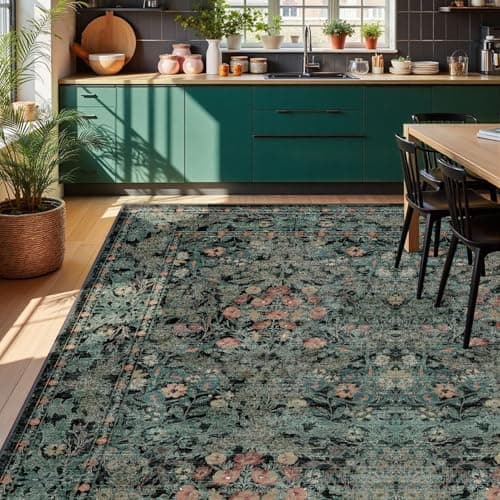 Boho Dark Green Floral Area Rug 8x10 for Living Room, Washable Farmhouse Moody Rug for Bedroom, Dining Room Under Table, Cottage Core Distressed Low Pile Non Slip Carpet, Soft Large Mat - Thumbnail 5