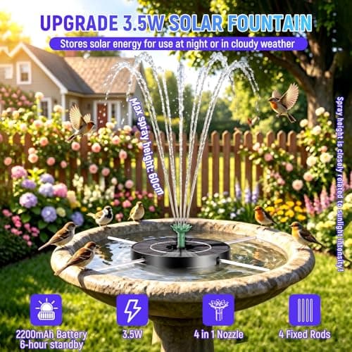 Marchul 3.5W Solar Fountain for Bird Bath Colorful Light with 2200mah Battery, 2026 Upgrade 4-in-1 Nozzles Solar Water Fountain Powered with 4X Fixer Floating Solar Pump for Garden, Pond, Pool - Thumbnail 3