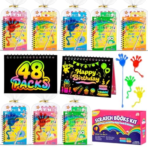 JMMICO 48*3 Packs Scratch Art Notebook+Sticky Hands+Stickers,Easter Party Favors for Kids 4-8-12,Return Gifts for Birthday Party Bulk Toys,Goodie Bags Stuffers, Classroom Prizes Students Gifts