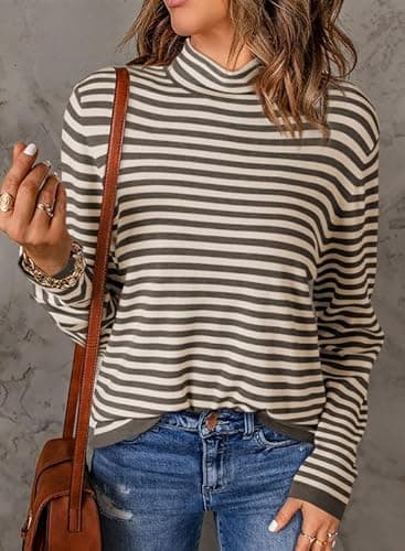 Dokotoo Spring Sweaters for Women 2026 Trendy Turtleneck Khaki Striped Pullover Shirts Knit Sweater Casual Long Sleeve Jumpers Tops Shirts Sweaters Medium - Thumbnail 3