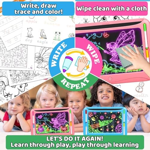 Magic LED Drawing Board for Kids, Girl Toys for Ages 5-7, Christmas Birthday Gifts, Light Up Tracing Pad, 9 Double-Sided Cards, 6 Markers, Neon Effect Doodle Writing Tablet, Arts Crafts Learning Toy - Thumbnail 6