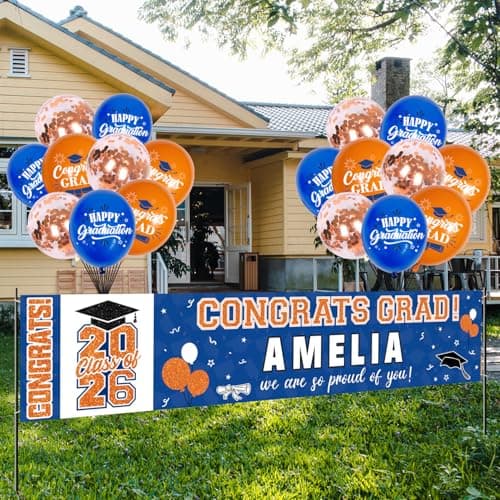 NUTTYBASH Graduation Party Decorations, Personalized Class of 2025 Graduation Banner with 78 Alphabet Stickers and Balloons, Congrats Banner for College High School Party Supplies(Blue Orange)
