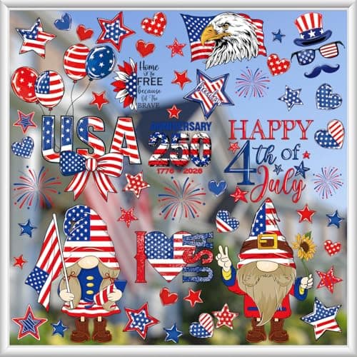 119PCS 4th of July Window Clings for Glass Windows, USA 250th Independence Day Decorations, Patriotic Static Cling Window Stickers Reusable for Home Office Party Decor, Red White Blue Window Decals - Image 1